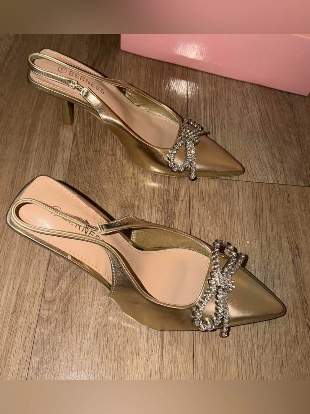 Gold Embellished Pointed-Toe Slingback Heels